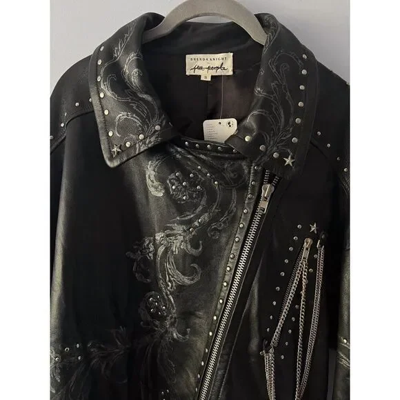 Free People Nigel Preston Chain Embellished Biker Jacket Leather - Picture 9 of 14